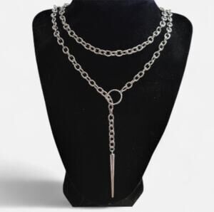 Long wrap around silver spike lariat slip chain necklace